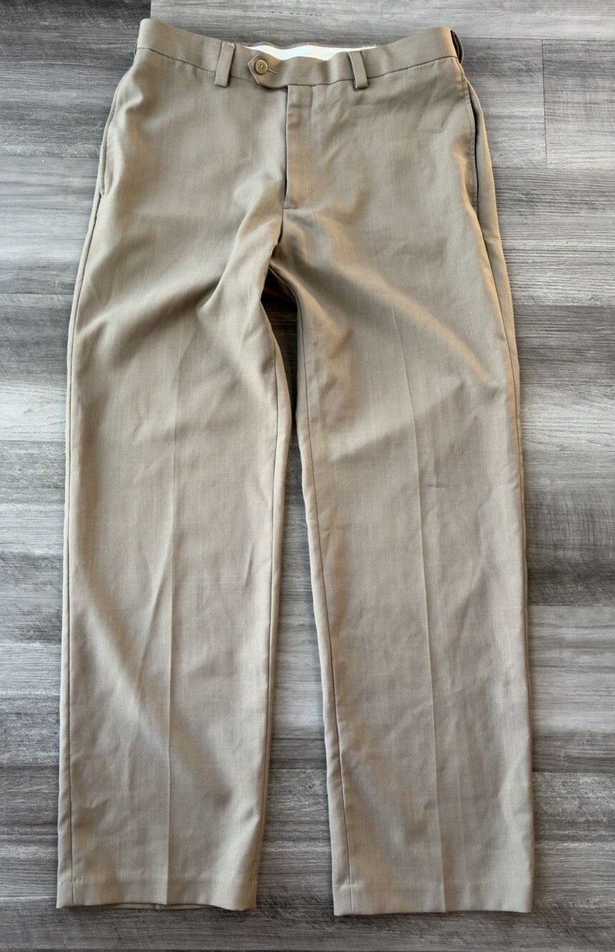 Haggar Mens Dress Pants Slacks 32x30 Tan Flat Front Casual Chino Trousers